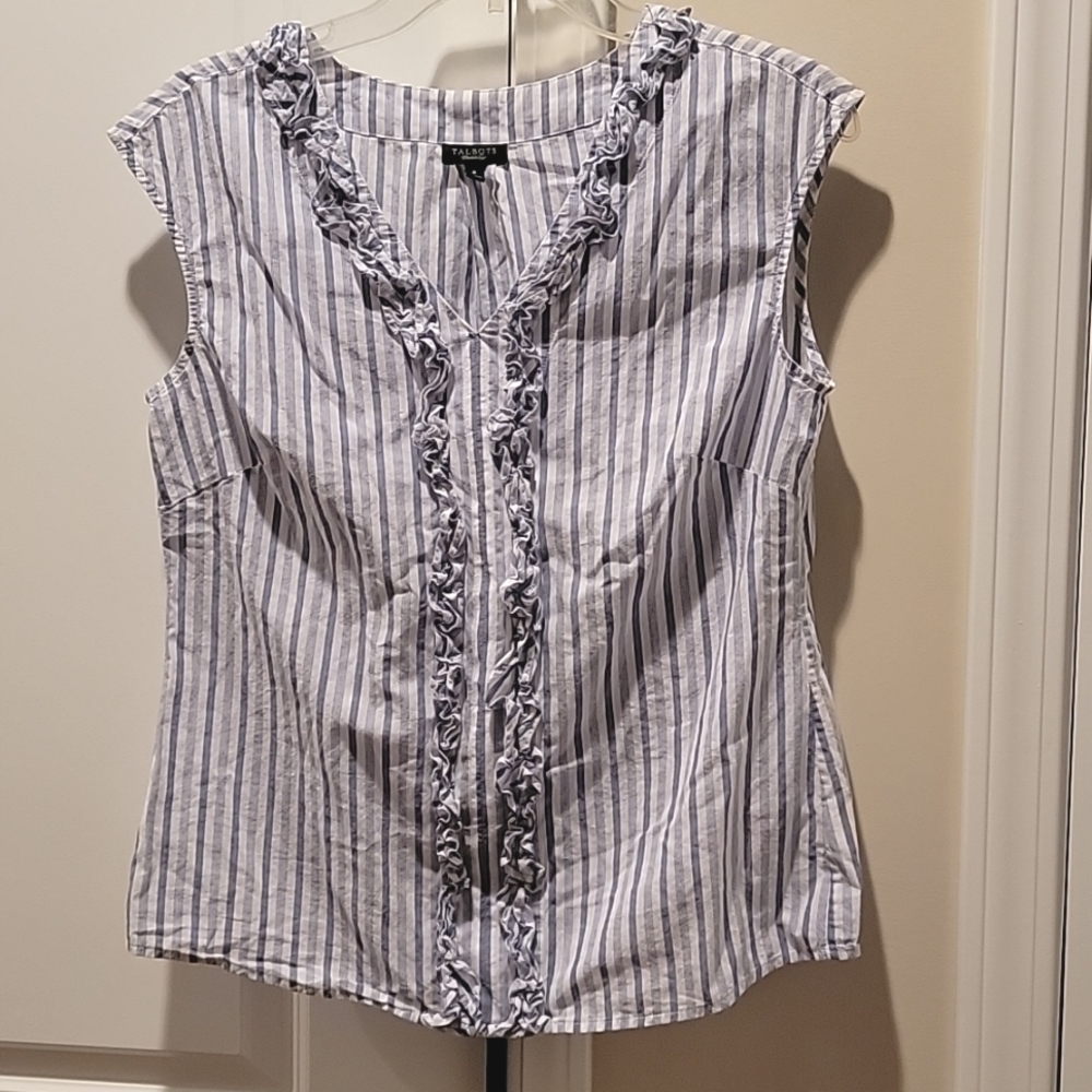 Talbot's blue and white sleeveless blouse